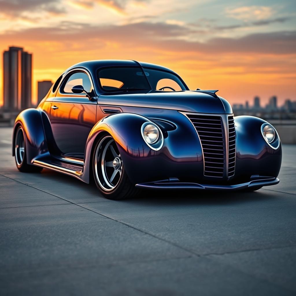 A stunning supercar that blends the classic design of a 1939 Chevrolet Coupe with modern widebody elements and oversized tires