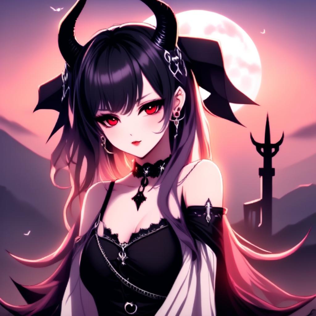 Anime profile picture of a beautiful woman with devilish horns and gothic attire against a moody, moonlit landscape.