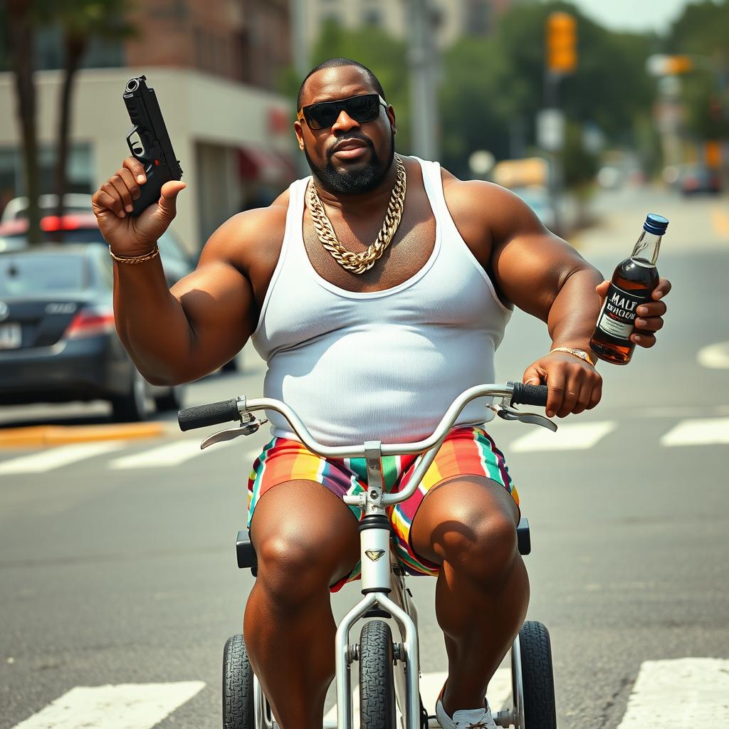 A large, muscular black man wearing a white wife beater and a shiny gold chain around his neck