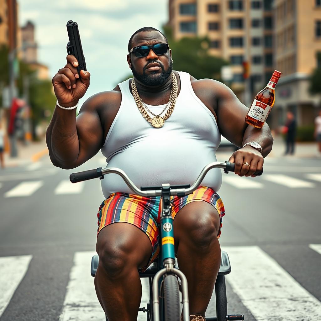 A large, muscular black man wearing a white wife beater and a shiny gold chain around his neck