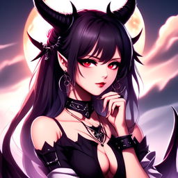 Anime profile picture of a beautiful woman with devilish horns and gothic attire against a moody, moonlit landscape.