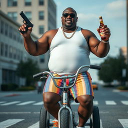 A large, muscular black man wearing a white wife beater and a shiny gold chain around his neck