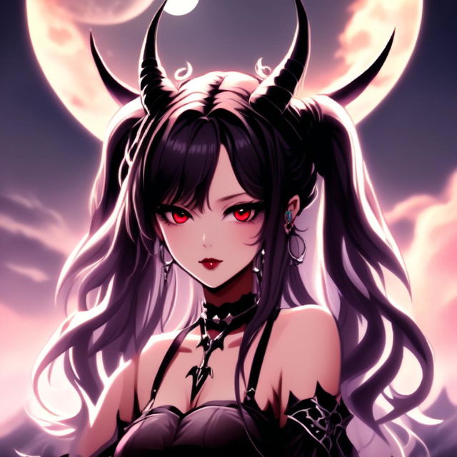 Anime profile picture of a beautiful woman with devilish horns and gothic attire against a moody, moonlit landscape.