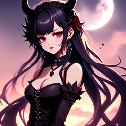 Anime profile picture of a beautiful woman with devilish horns and gothic attire against a moody, moonlit landscape.