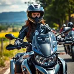 A perfect body girl riding a BMW 1200GS motorcycle, wearing a full face helmet, a motorcycle jacket featuring a monkey logo, protective motorcycle gloves, leather pants, and rugged motorcycle boots