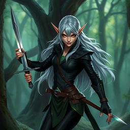 A rogue elf wearing a sleek, fitted outfit, designed for stealth, featuring dark, muted colors interwoven with hints of green