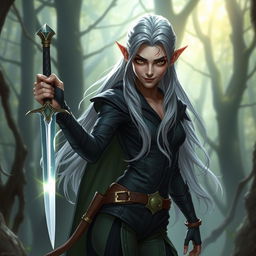 A rogue elf wearing a sleek, fitted outfit, designed for stealth, featuring dark, muted colors interwoven with hints of green