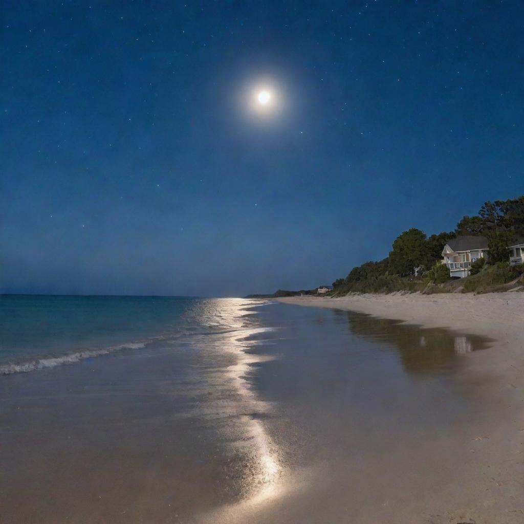 A serene beach at night, the moon reflecting off the calm ocean, stars twinkling in the clear sky, with a soft glow from distant homes by the shoreline.