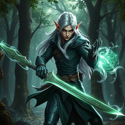 A rogue elf in a dark, sleek outfit built for stealth, showcasing deep green and shadowy tones