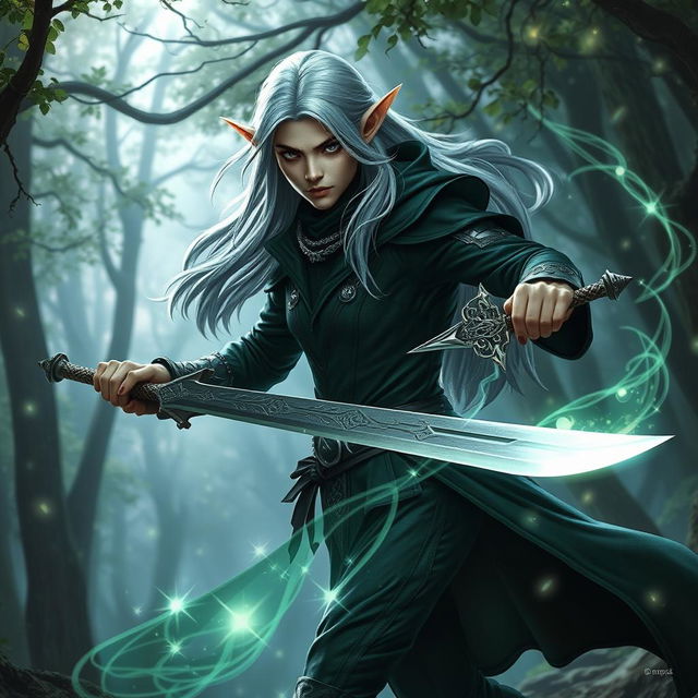 A rogue elf in a dark, sleek outfit built for stealth, showcasing deep green and shadowy tones