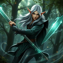 A rogue elf in a dark, sleek outfit built for stealth, showcasing deep green and shadowy tones