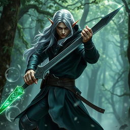 A rogue elf in a dark, sleek outfit built for stealth, showcasing deep green and shadowy tones