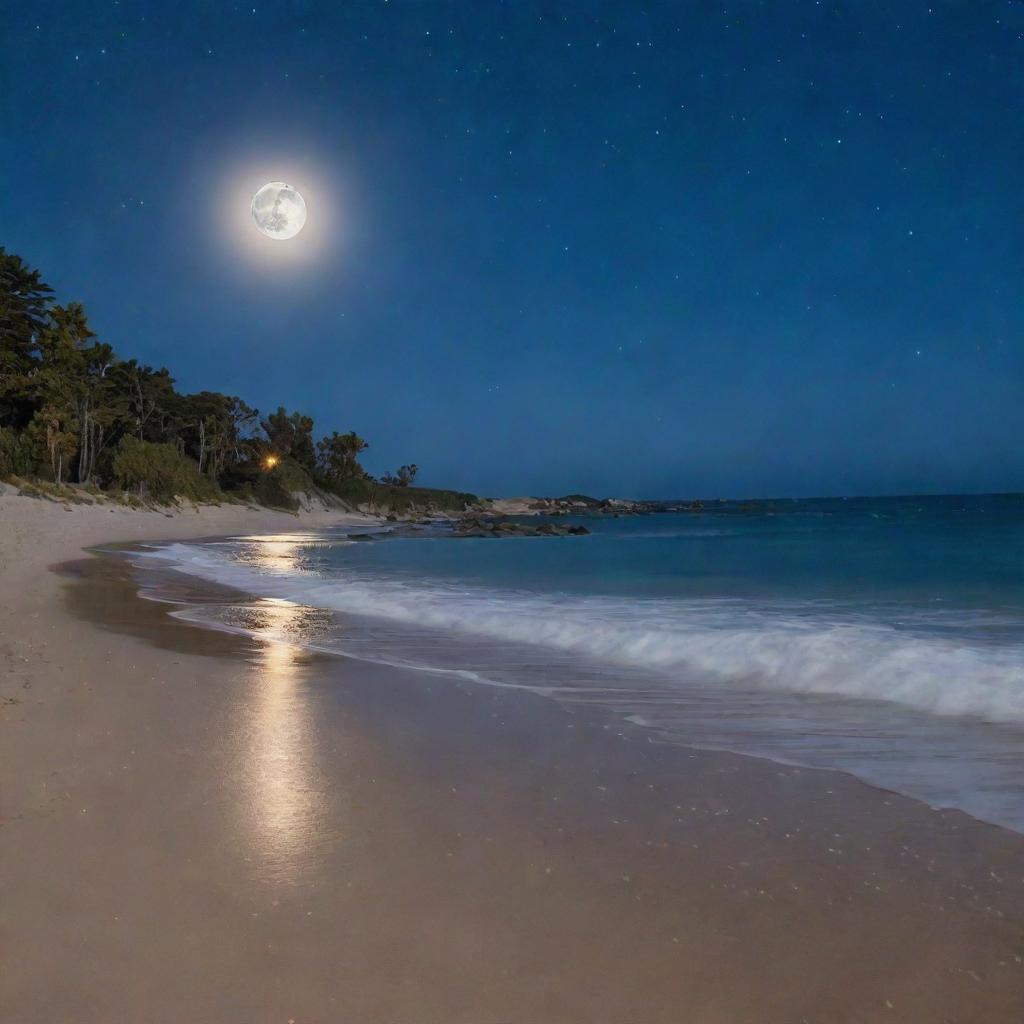 A serene beach at night, the moon reflecting off the calm ocean, stars twinkling in the clear sky, with a soft glow from distant homes by the shoreline.