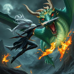 A fierce rogue elf engaged in battle with a majestic dragon