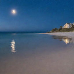 A serene beach at night, the moon reflecting off the calm ocean, stars twinkling in the clear sky, with a soft glow from distant homes by the shoreline.