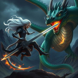 A fierce rogue elf engaged in battle with a majestic dragon