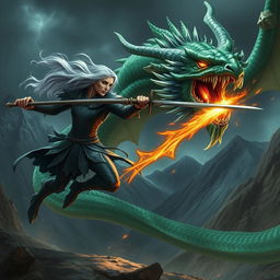 A fierce rogue elf engaged in battle with a majestic dragon