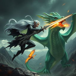 A fierce rogue elf engaged in battle with a majestic dragon