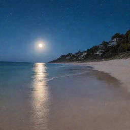 A serene beach at night, the moon reflecting off the calm ocean, stars twinkling in the clear sky, with a soft glow from distant homes by the shoreline.