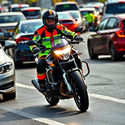 A motorcycle rider in dynamic motion on a bustling road, wearing bright, reflective gear with vibrant colors that enhance visibility