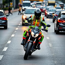 A motorcycle rider in dynamic motion on a bustling road, wearing bright, reflective gear with vibrant colors that enhance visibility