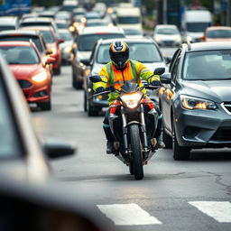 A motorcycle rider in dynamic motion on a bustling road, wearing bright, reflective gear with vibrant colors that enhance visibility