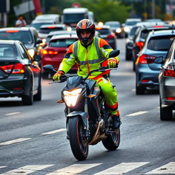 A motorcycle rider in dynamic motion on a bustling road, wearing bright, reflective gear with vibrant colors that enhance visibility