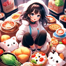 Anime girl profile picture with a funny expression, cute outfit, surrounded by food items, and encased in a circular fluffy white border.