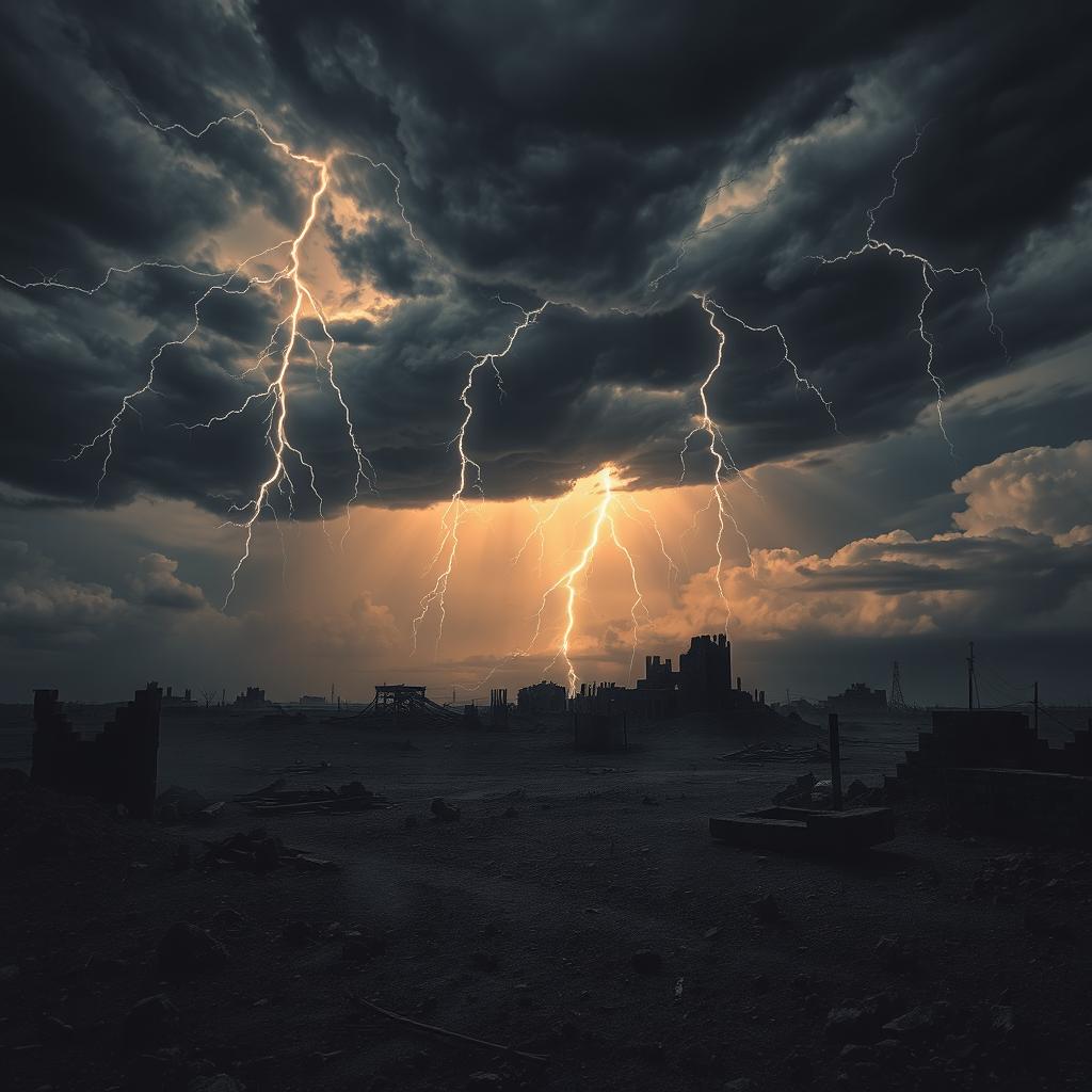 A dramatic scene depicting a sullen sky filled with dark, swirling clouds, illuminated by sharp, jagged lightning bolts descending from above like daggers