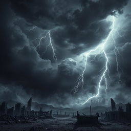 A dramatic scene depicting a sullen sky filled with dark, swirling clouds, illuminated by sharp, jagged lightning bolts descending from above like daggers