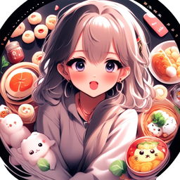 Anime girl profile picture with a funny expression, cute outfit, surrounded by food items, and encased in a circular fluffy white border.