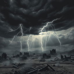 A dramatic scene depicting a sullen sky filled with dark, swirling clouds, illuminated by sharp, jagged lightning bolts descending from above like daggers