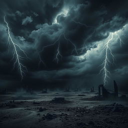 A dramatic scene depicting a sullen sky filled with dark, swirling clouds, illuminated by sharp, jagged lightning bolts descending from above like daggers