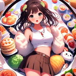 Anime girl profile picture with a funny expression, cute outfit, surrounded by food items, and encased in a circular fluffy white border.