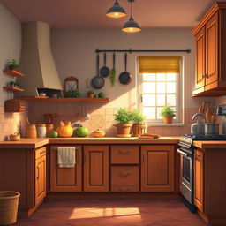 A beautiful 2D kitchen background with a cozy and inviting atmosphere