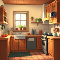 A beautiful 2D kitchen background with a cozy and inviting atmosphere