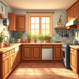 A beautiful 2D kitchen background with a cozy and inviting atmosphere