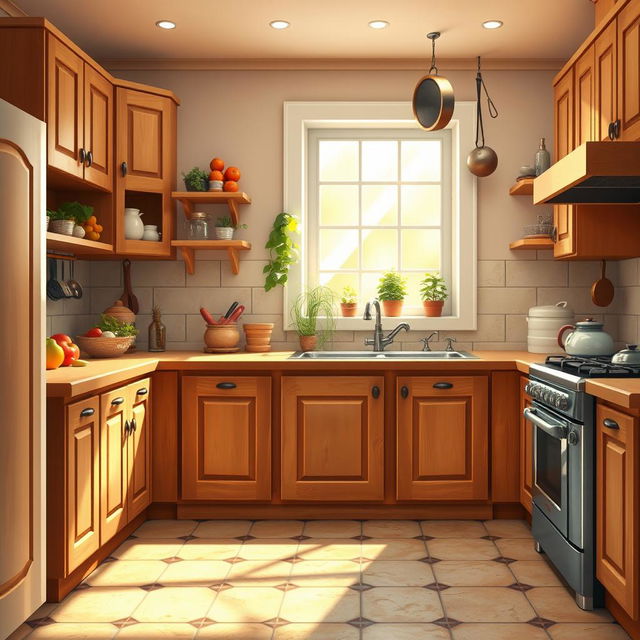 A beautiful 2D kitchen background with a cozy and inviting atmosphere