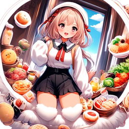 Anime girl profile picture with a funny expression, cute outfit, surrounded by food items, and encased in a circular fluffy white border.