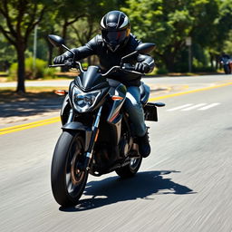 A dynamic scene of a motorcycle rider performing an emergency brake maneuver on a dry asphalt road