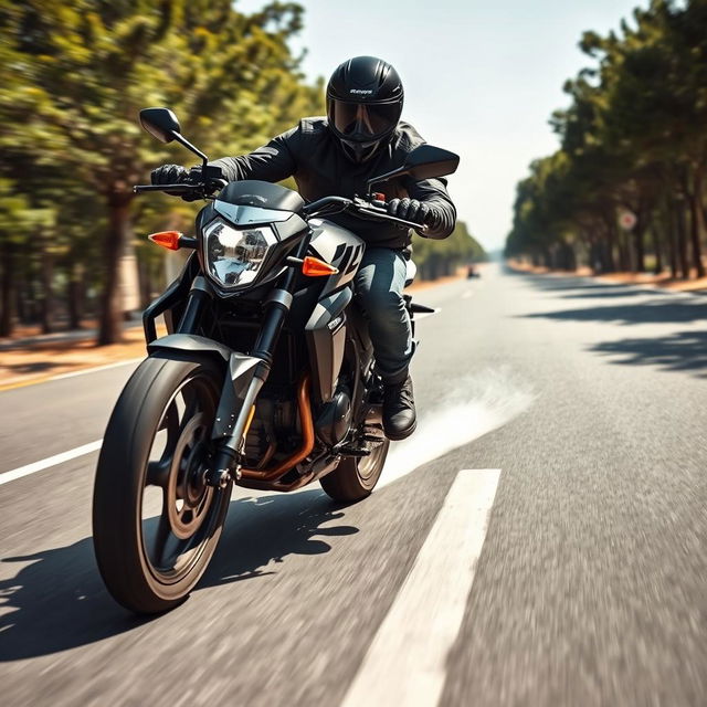 A dynamic scene of a motorcycle rider performing an emergency brake maneuver on a dry asphalt road