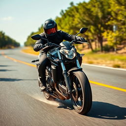 A dynamic scene of a motorcycle rider performing an emergency brake maneuver on a dry asphalt road