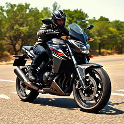 A dynamic scene of a motorcycle rider performing an emergency brake maneuver on a dry asphalt road