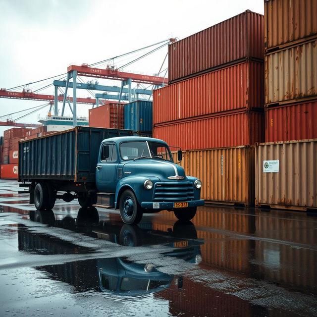 A detailed scene of a shipping port showing a rainy day atmosphere