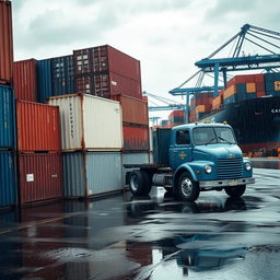 A detailed scene of a shipping port showing a rainy day atmosphere