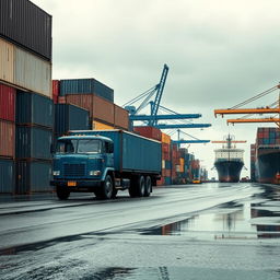 A detailed scene of a shipping port showing a rainy day atmosphere