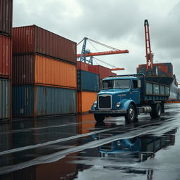 A detailed scene of a shipping port showing a rainy day atmosphere