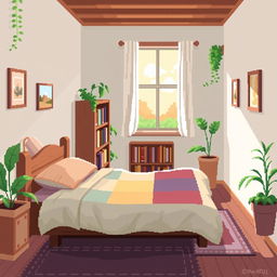 A cozy bedroom scene in 2D pixel art style, featuring a soft bed with a colorful quilt, a wooden nightstand with a simple lamp on top, and a window revealing a sunny day outside