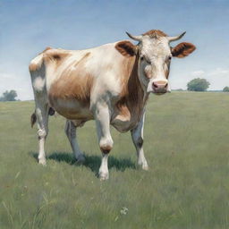 A detailed sketch of a peaceful cow grazing in a lush meadow under a clear sky.