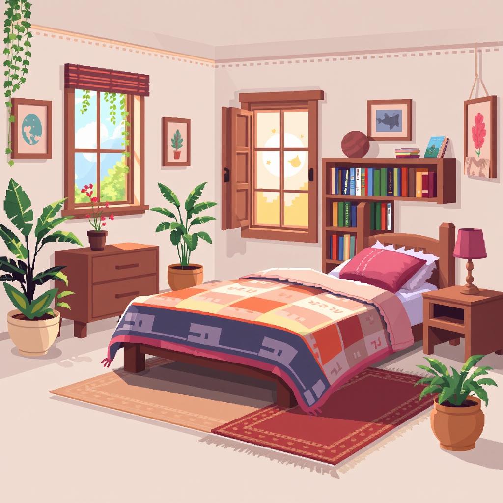 A cozy bedroom scene in 2D pixel art style, featuring a soft bed with a colorful quilt, a wooden nightstand with a simple lamp on top, and a window revealing a sunny day outside